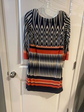 Geometric Stripe Shift Dress in Navy, White & Orange